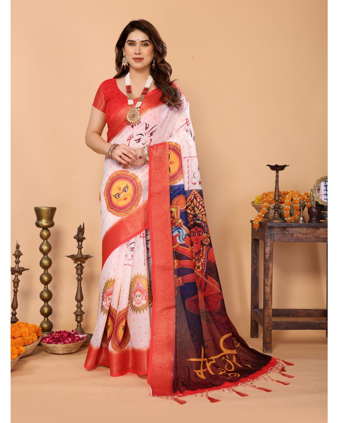 White & Crimson Red Handloom Linen Saree with Kali Maa Digital Artwork Pallu & Zari Border | Durga Puja Special Drape with Tassels(Pack of 1)