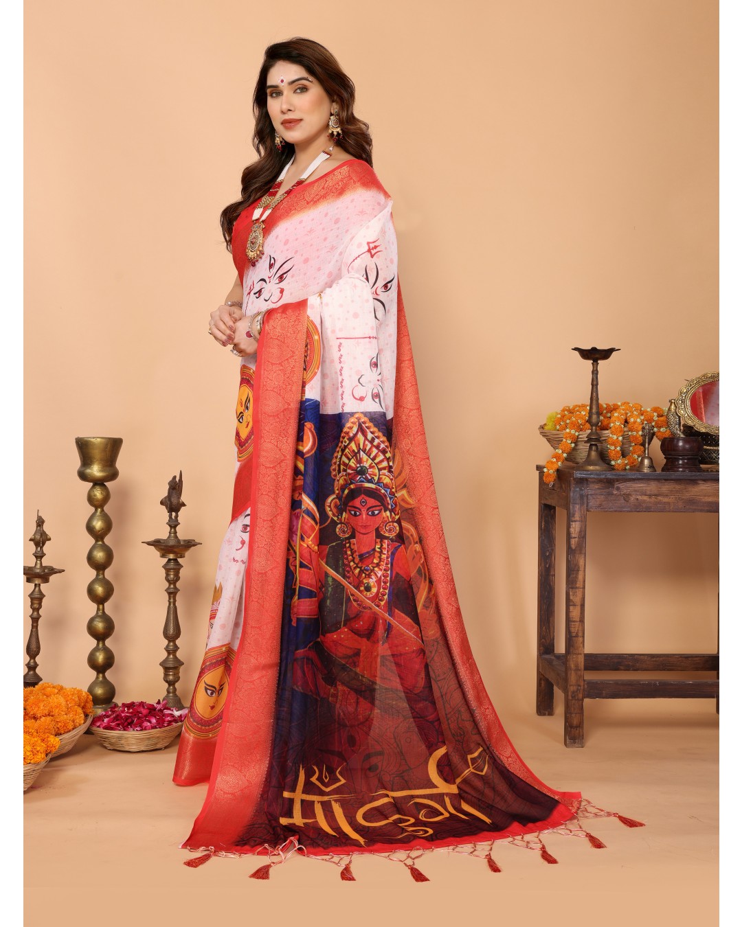 White & Crimson Red Handloom Linen Saree with Kali Maa Digital Artwork Pallu & Zari Border | Durga Puja Special Drape with Tassels(Pack of 1)