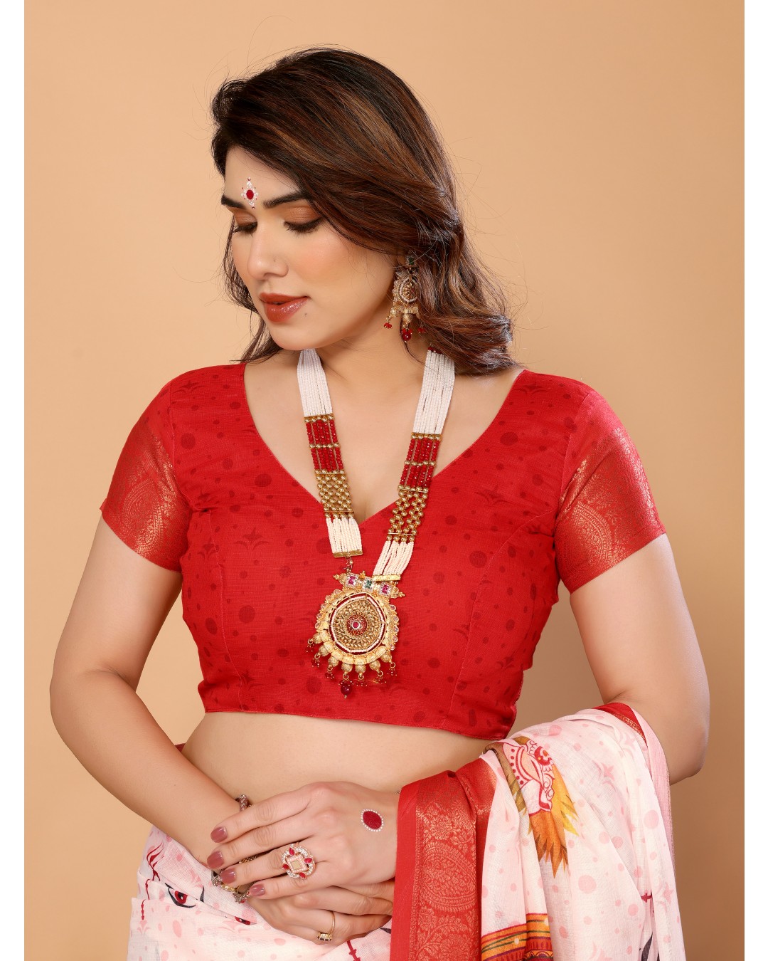 White & Crimson Red Handloom Linen Saree with Kali Maa Digital Artwork Pallu & Zari Border | Durga Puja Special Drape with Tassels(Pack of 1)