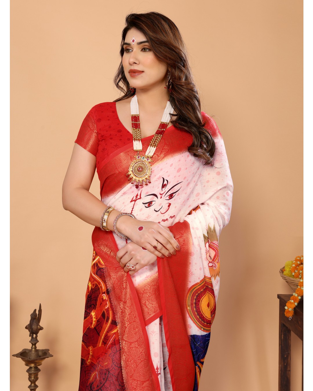 White & Crimson Red Handloom Linen Saree with Kali Maa Digital Artwork Pallu & Zari Border | Durga Puja Special Drape with Tassels(Pack of 1)