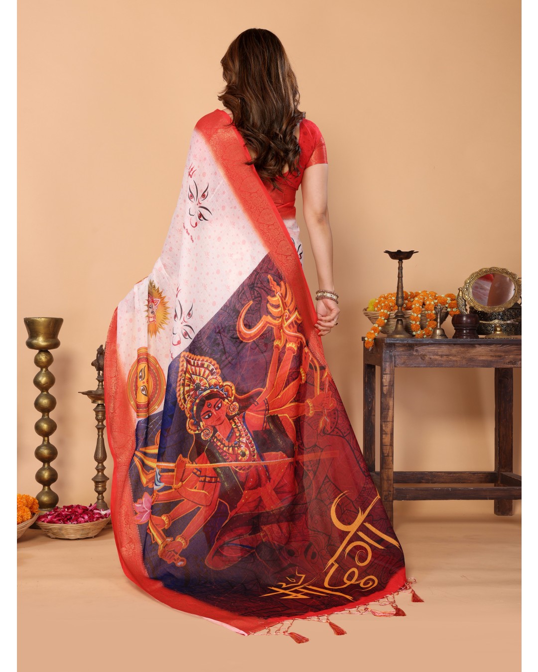 White & Crimson Red Handloom Linen Saree with Kali Maa Digital Artwork Pallu & Zari Border | Durga Puja Special Drape with Tassels(Pack of 1)