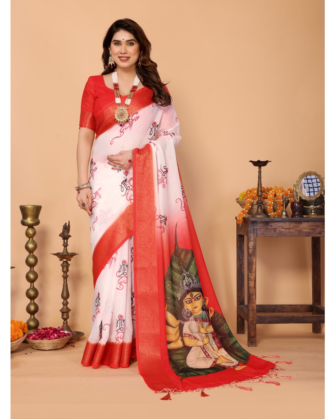 Off-White & Red Handloom Linen Saree with Seated Maa Durga Artwork on Lotus Leaf | Zari Border & Spiritual Calligraphy Pallu(Pack of 1)