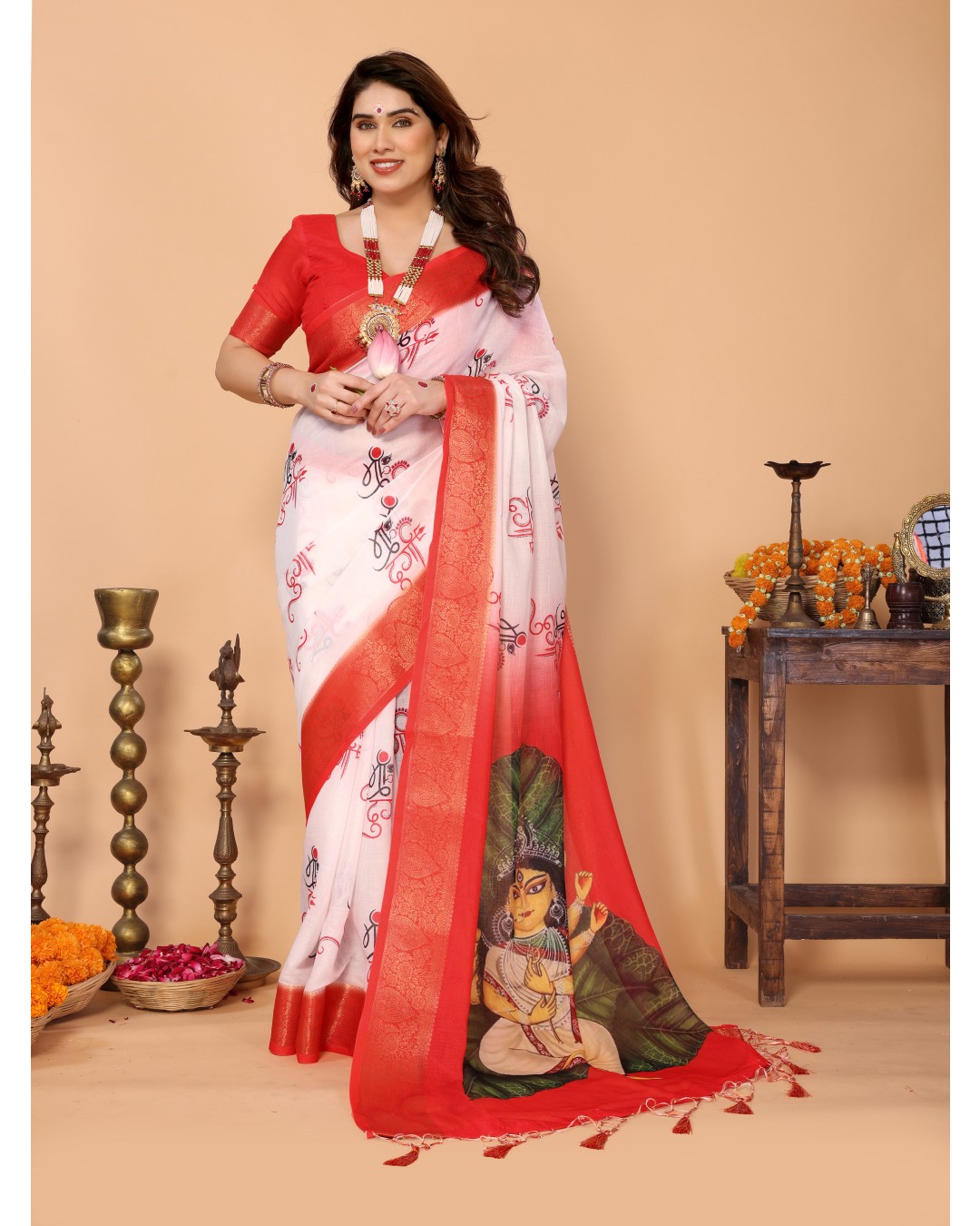 Off-White & Red Handloom Linen Saree with Seated Maa Durga Artwork on Lotus Leaf | Zari Border & Spiritual Calligraphy Pallu(Pack of 1)
