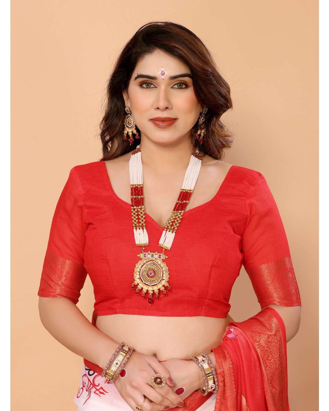 Off-White & Red Handloom Linen Saree with Seated Maa Durga Artwork on Lotus Leaf | Zari Border & Spiritual Calligraphy Pallu(Pack of 1)