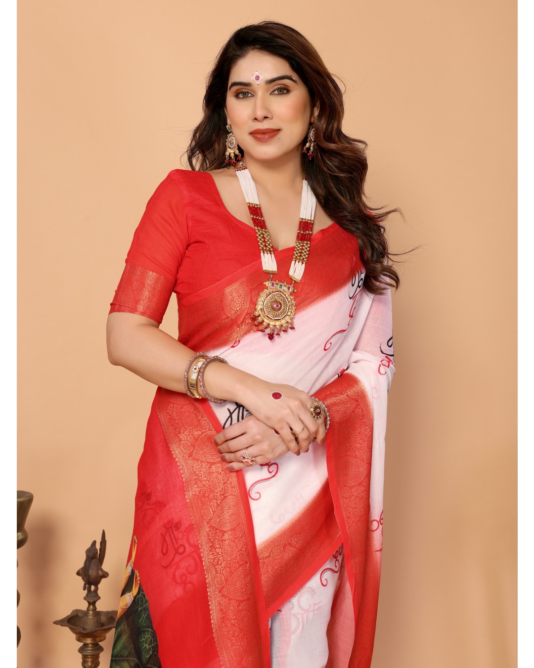 Off-White & Red Handloom Linen Saree with Seated Maa Durga Artwork on Lotus Leaf | Zari Border & Spiritual Calligraphy Pallu(Pack of 1)