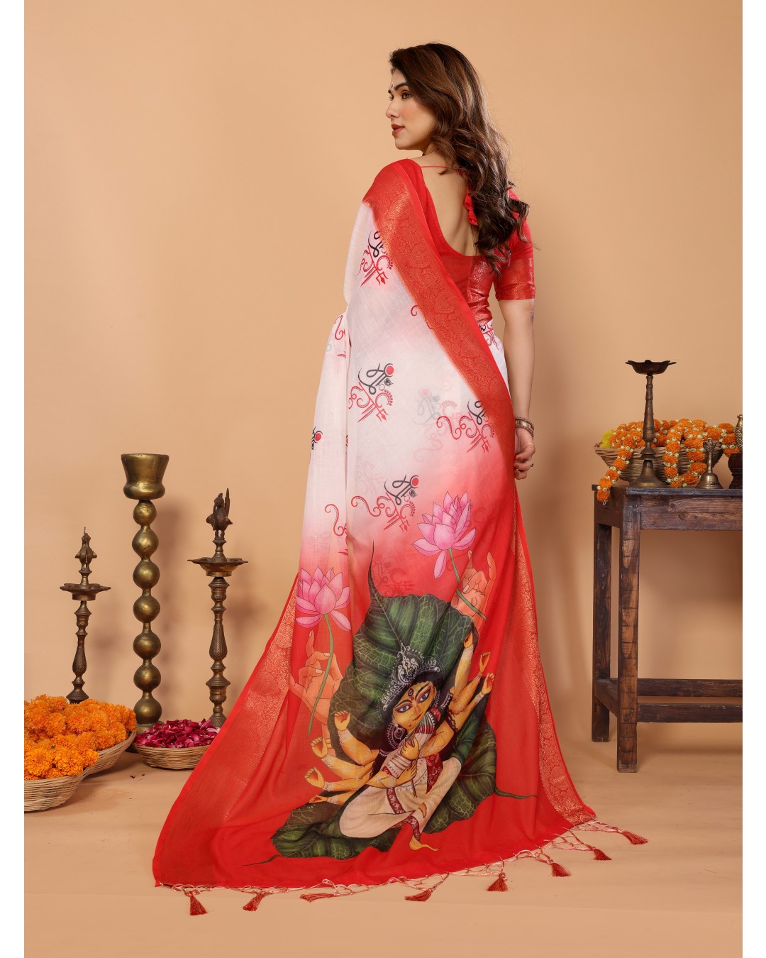 Off-White & Red Handloom Linen Saree with Seated Maa Durga Artwork on Lotus Leaf | Zari Border & Spiritual Calligraphy Pallu(Pack of 1)