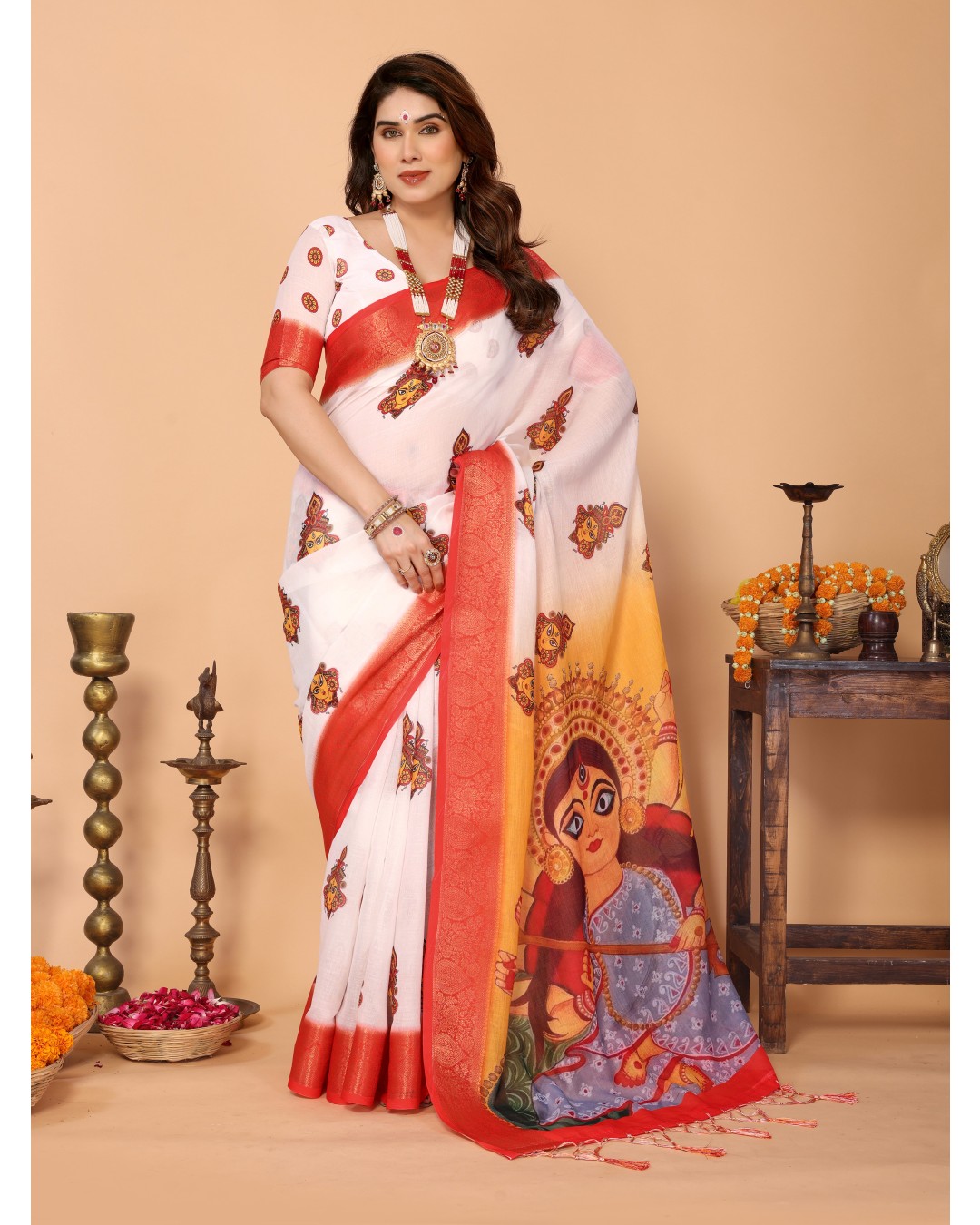 Off-White & Golden Yellow Handloom Linen Saree with Devi Durga Print & Zari Border | Festive Pallu & Tassel Finish(Pack of 1)