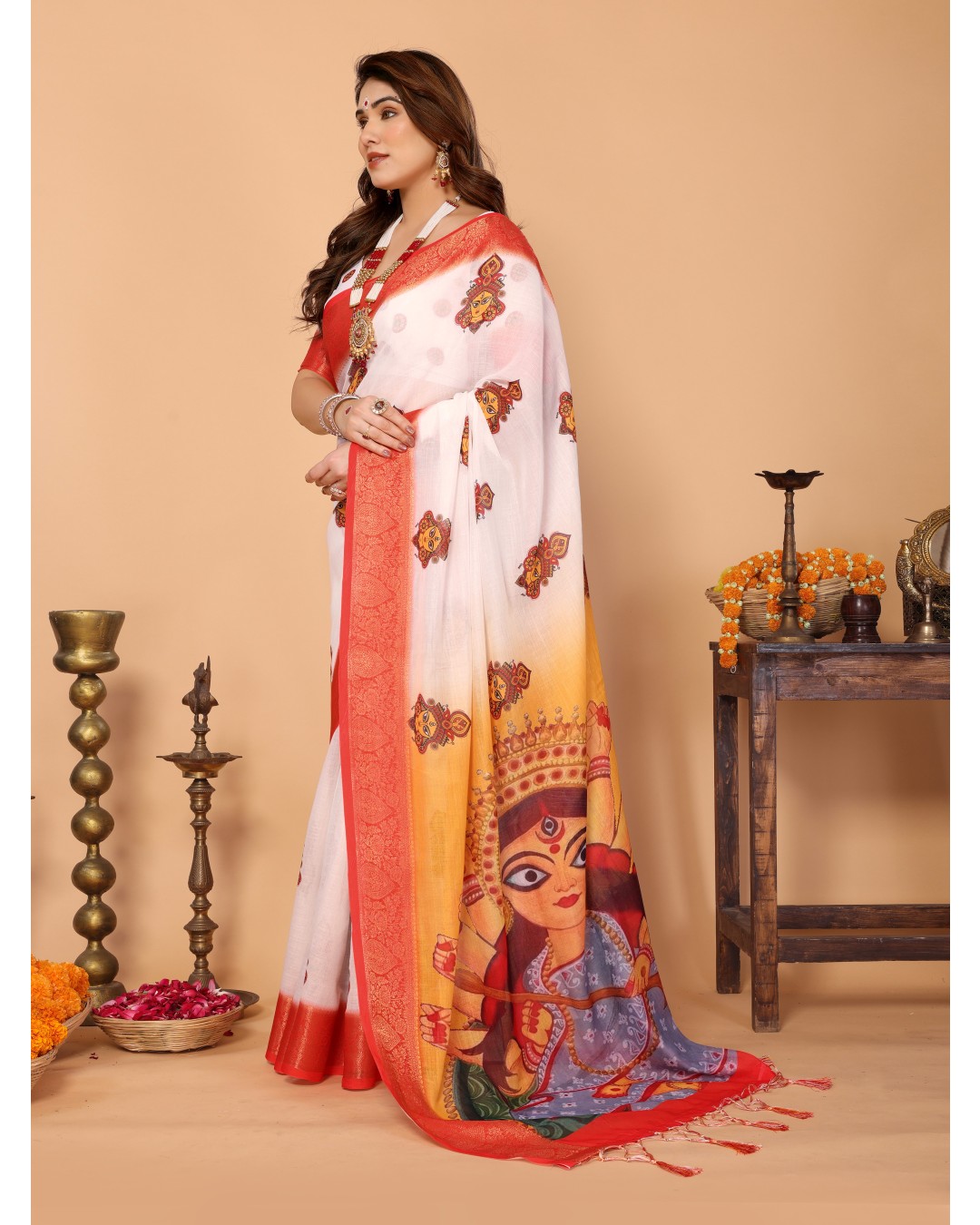 Off-White & Golden Yellow Handloom Linen Saree with Devi Durga Print & Zari Border | Festive Pallu & Tassel Finish(Pack of 1)