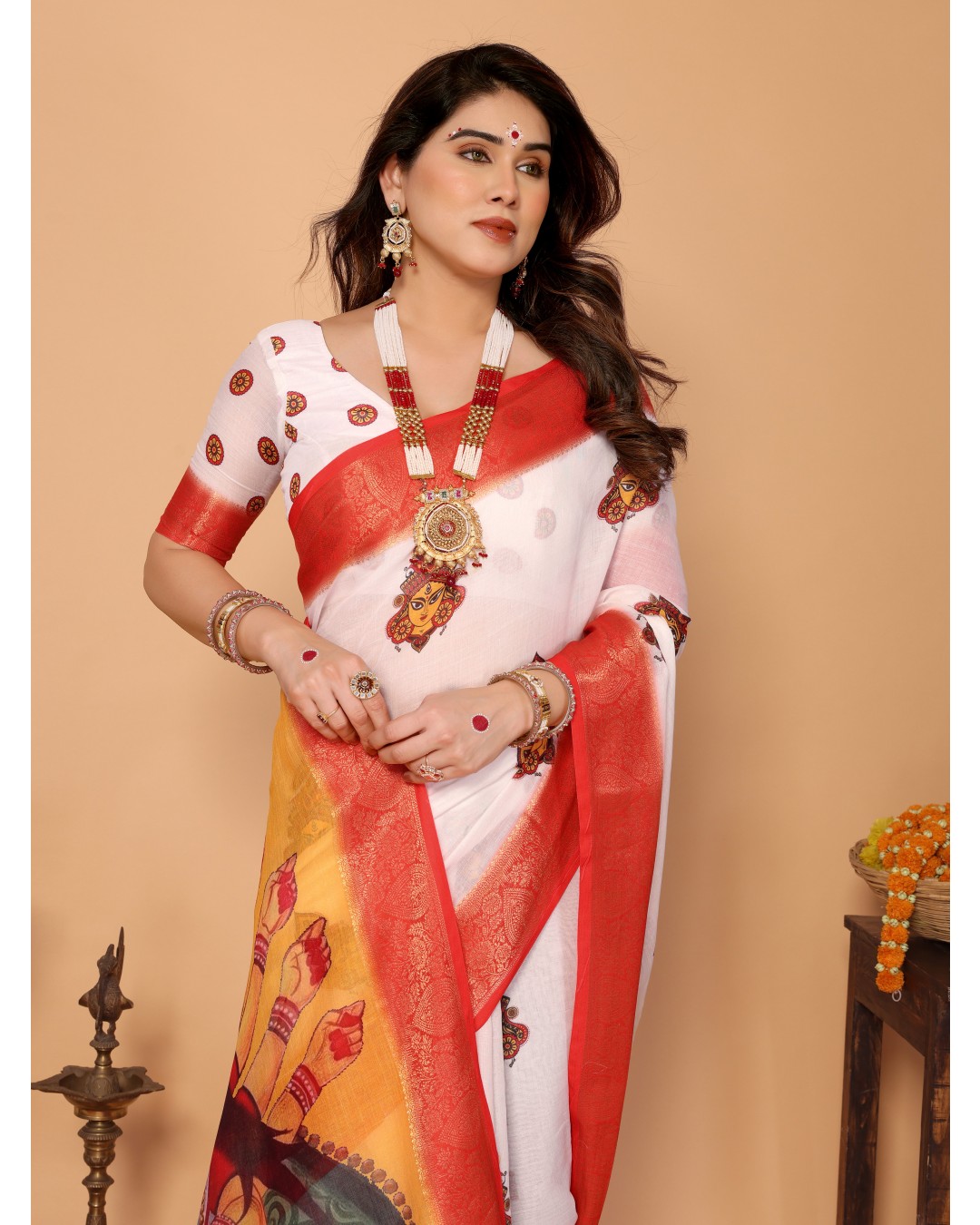 Off-White & Golden Yellow Handloom Linen Saree with Devi Durga Print & Zari Border | Festive Pallu & Tassel Finish(Pack of 1)