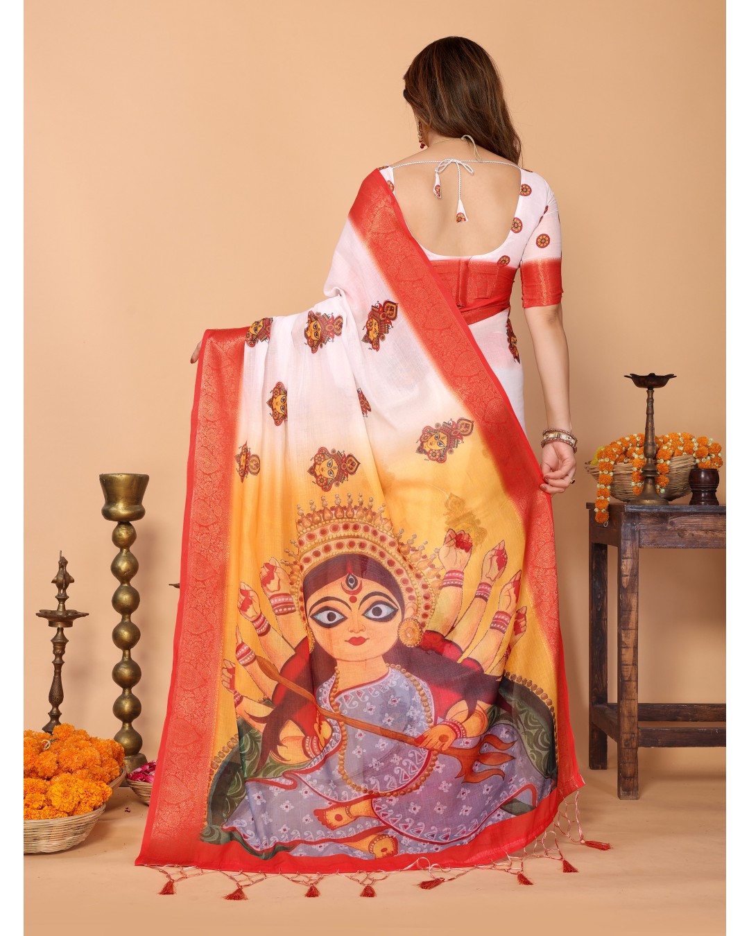 Off-White & Golden Yellow Handloom Linen Saree with Devi Durga Print & Zari Border | Festive Pallu & Tassel Finish(Pack of 1)