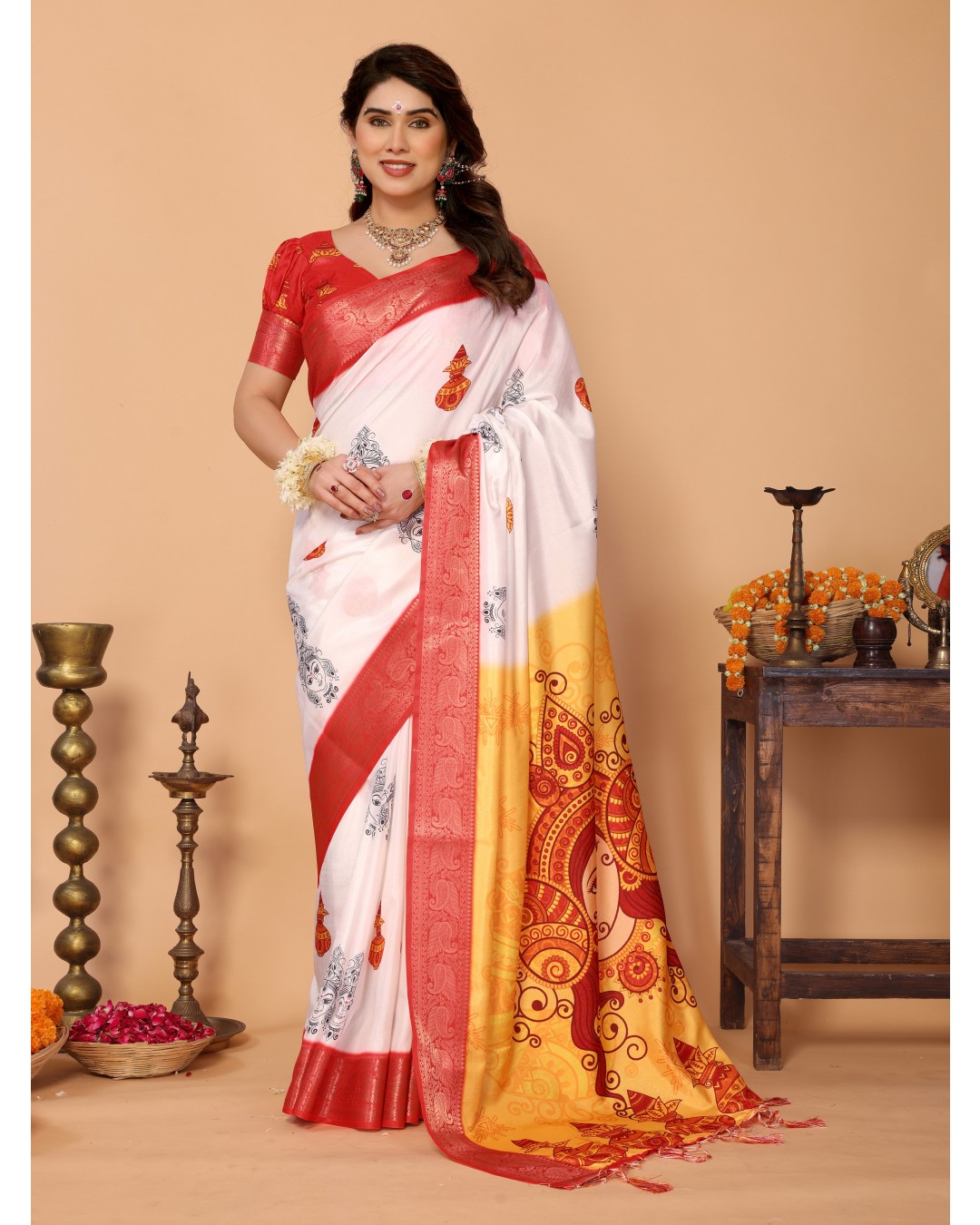 White & Yellow Ombre Pure Tussar Silk Saree with Durga Face Print & Kalash Motifs | Zari Border & Festive Tassels(Pack of 1)