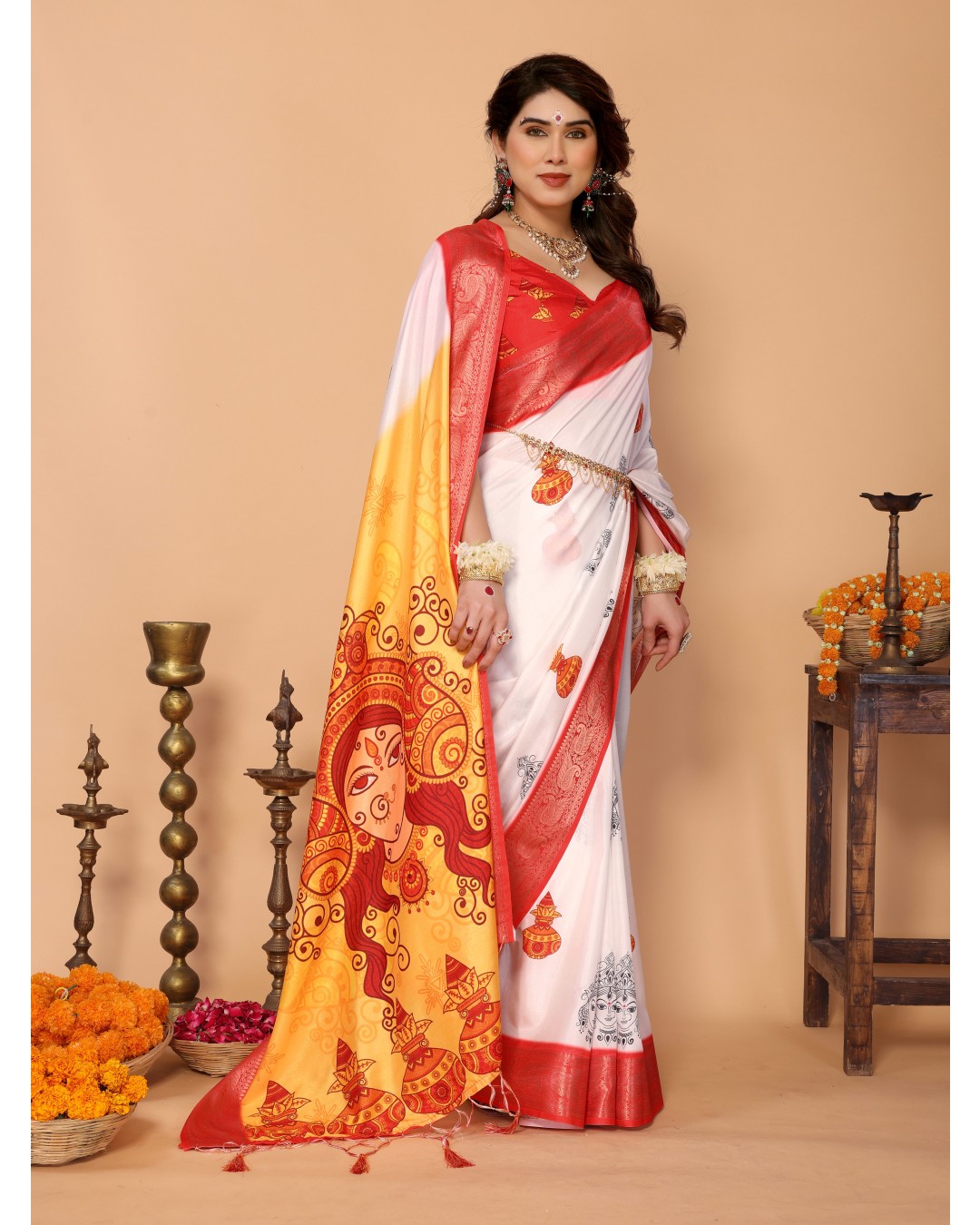White & Yellow Ombre Pure Tussar Silk Saree with Durga Face Print & Kalash Motifs | Zari Border & Festive Tassels(Pack of 1)