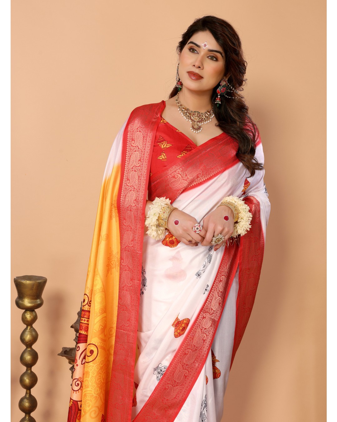 White & Yellow Ombre Pure Tussar Silk Saree with Durga Face Print & Kalash Motifs | Zari Border & Festive Tassels(Pack of 1)