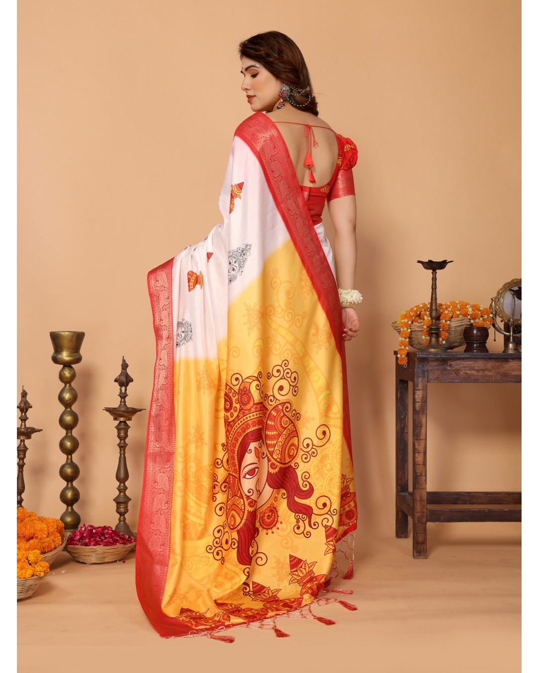 White & Yellow Ombre Pure Tussar Silk Saree with Durga Face Print & Kalash Motifs | Zari Border & Festive Tassels(Pack of 1)