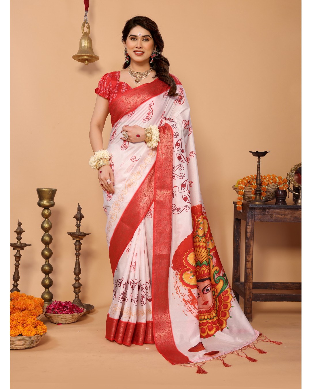 Off-White & Scarlet Red Pure Tussar Silk Saree with Kalighat Devi Artwork, Zari Border & Traditional Tassel Pallu(Pack of 1)