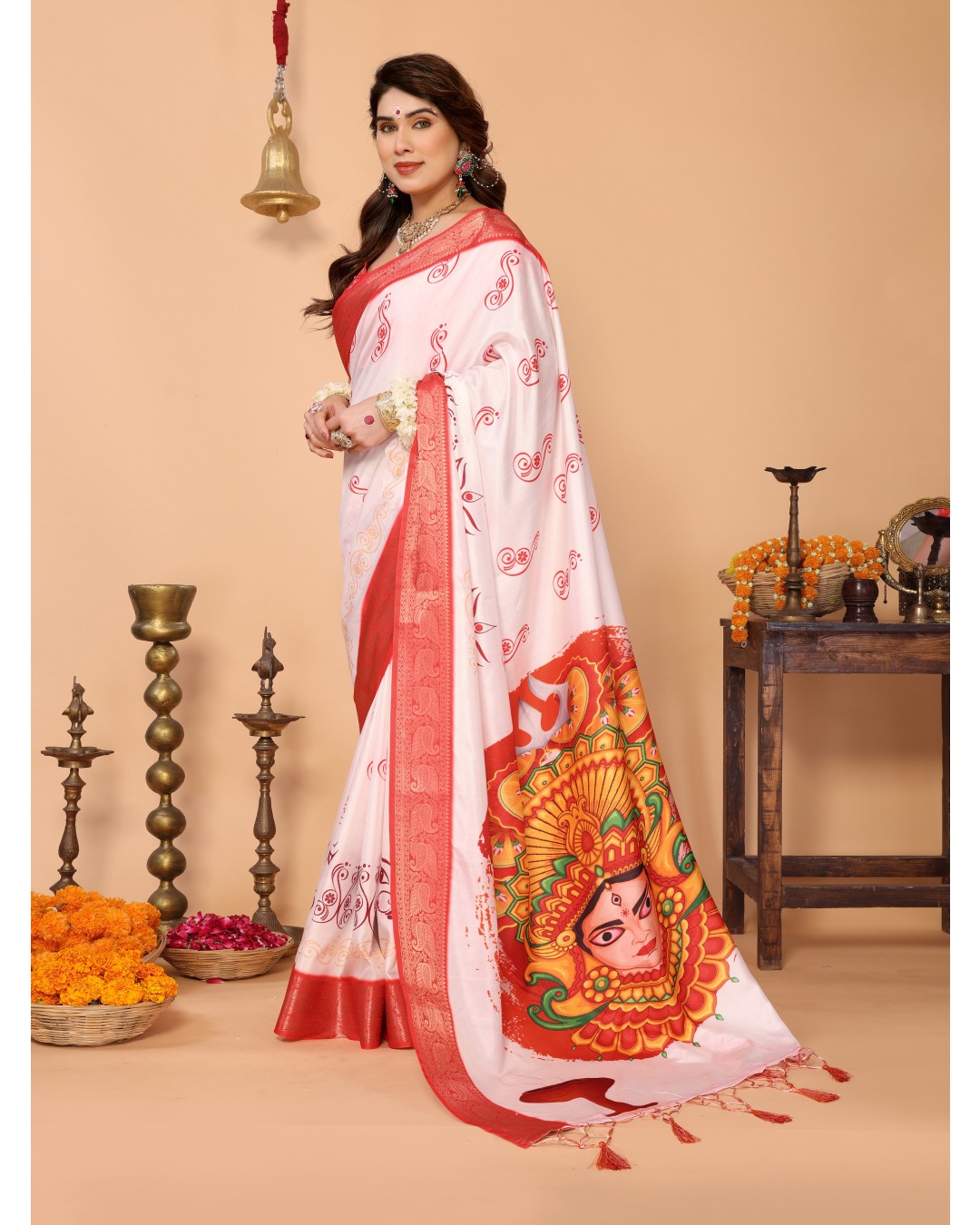 Off-White & Scarlet Red Pure Tussar Silk Saree with Kalighat Devi Artwork, Zari Border & Traditional Tassel Pallu(Pack of 1)