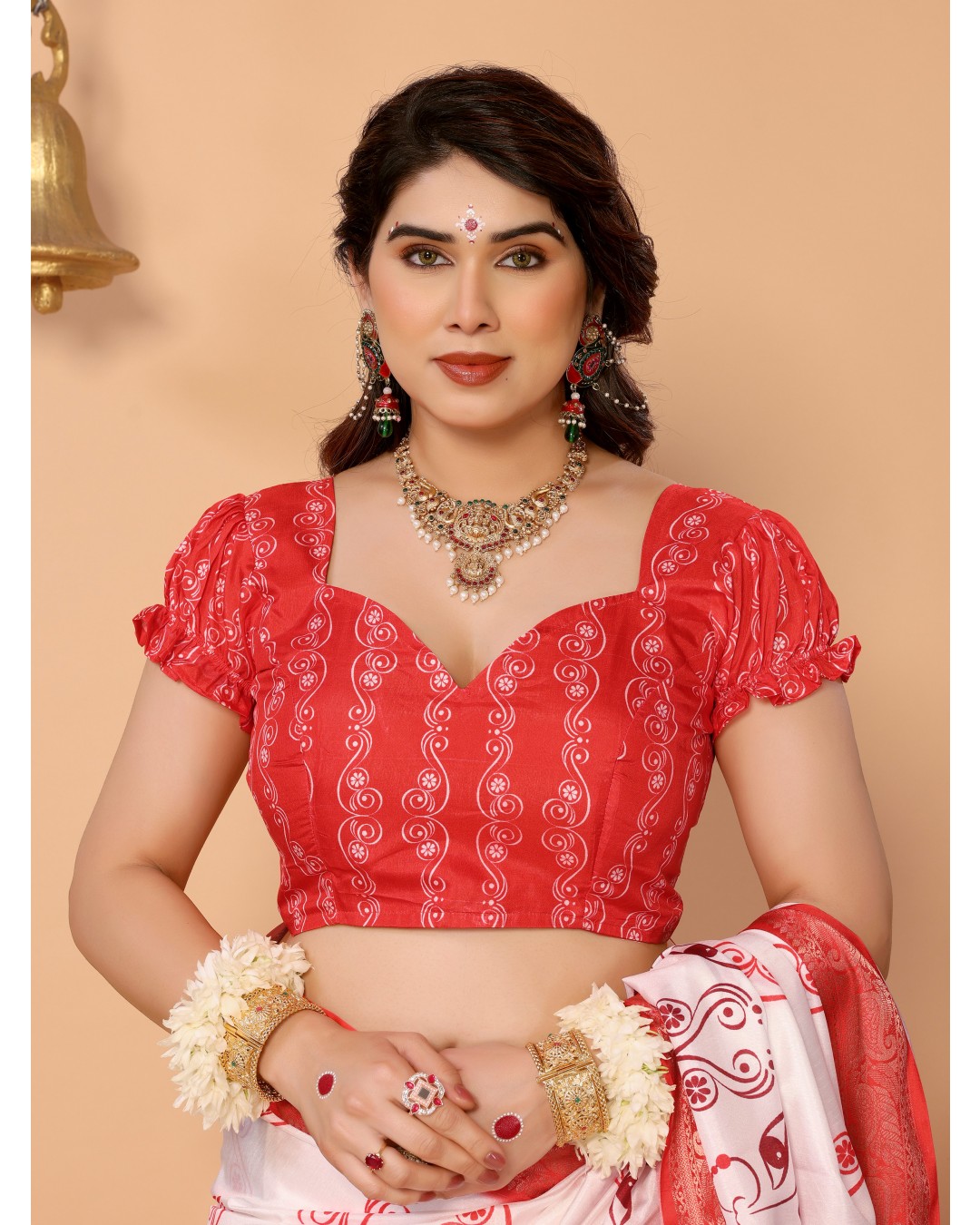 Off-White & Scarlet Red Pure Tussar Silk Saree with Kalighat Devi Artwork, Zari Border & Traditional Tassel Pallu(Pack of 1)