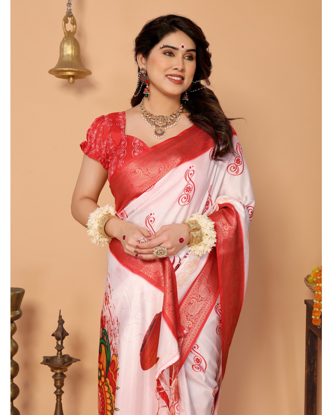 Off-White & Scarlet Red Pure Tussar Silk Saree with Kalighat Devi Artwork, Zari Border & Traditional Tassel Pallu(Pack of 1)