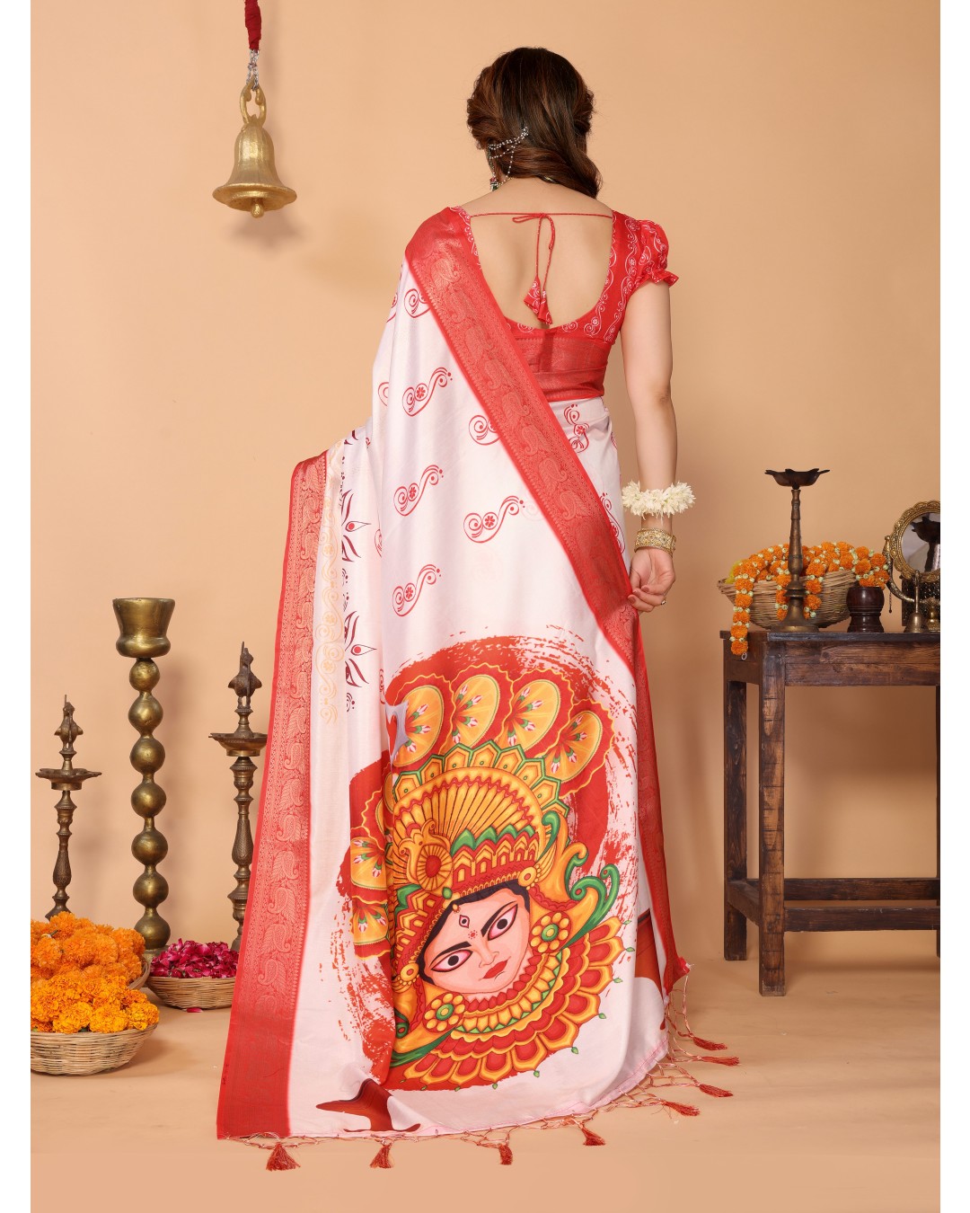 Off-White & Scarlet Red Pure Tussar Silk Saree with Kalighat Devi Artwork, Zari Border & Traditional Tassel Pallu(Pack of 1)