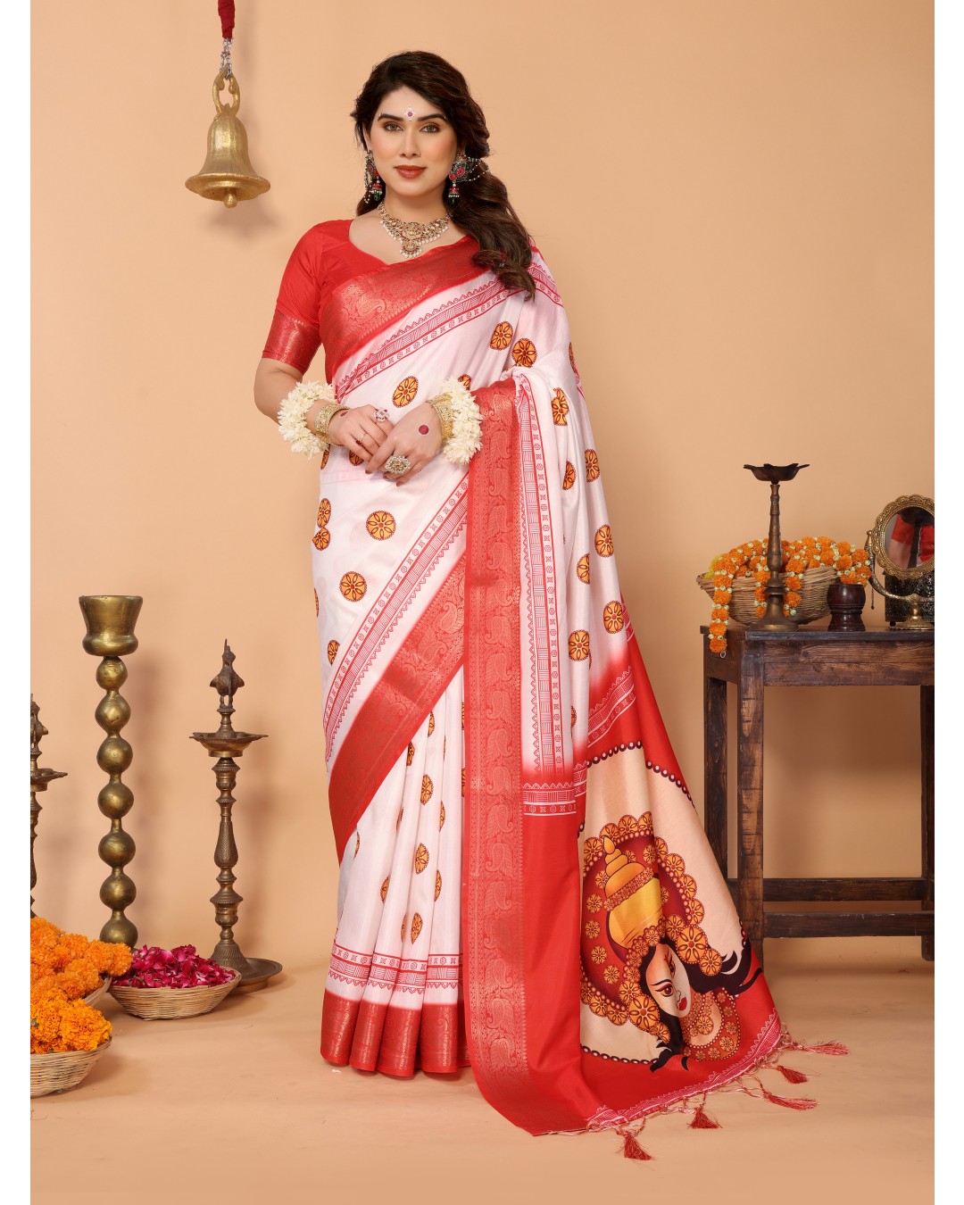 Off-White & Red Pure Tussar Silk Saree with Durga Crown Face Print, Traditional Motifs & Zari Border | Festive Tassels on Pallu(Pack of 1)