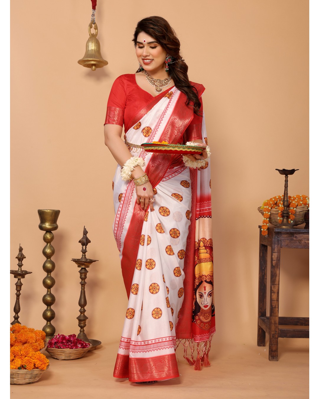 Off-White & Red Pure Tussar Silk Saree with Durga Crown Face Print, Traditional Motifs & Zari Border | Festive Tassels on Pallu(Pack of 1)