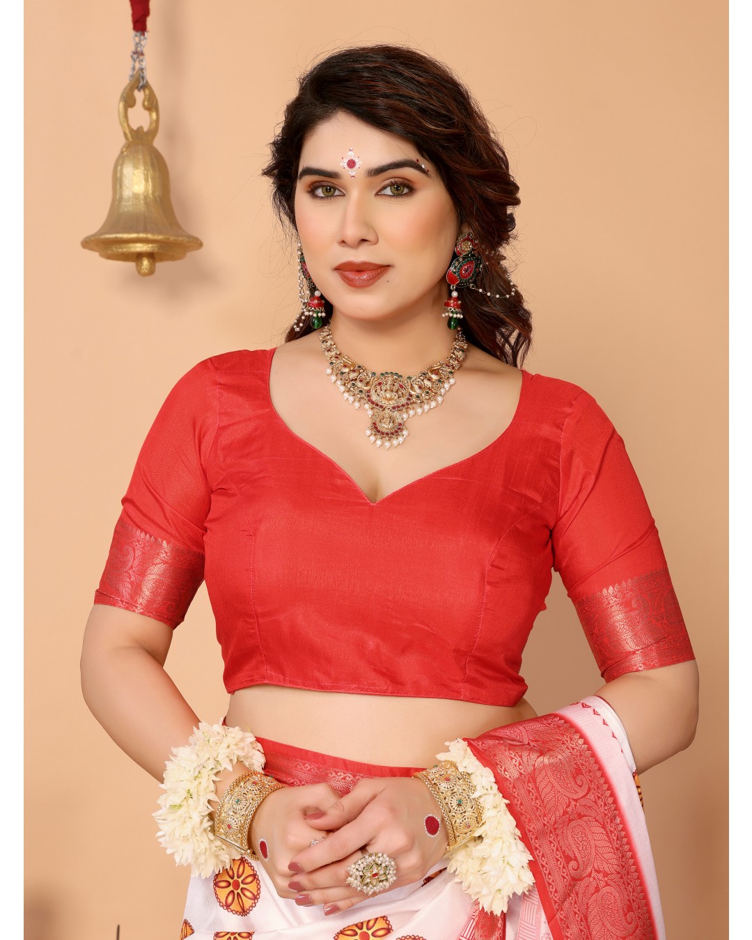 Off-White & Red Pure Tussar Silk Saree with Durga Crown Face Print, Traditional Motifs & Zari Border | Festive Tassels on Pallu(Pack of 1)