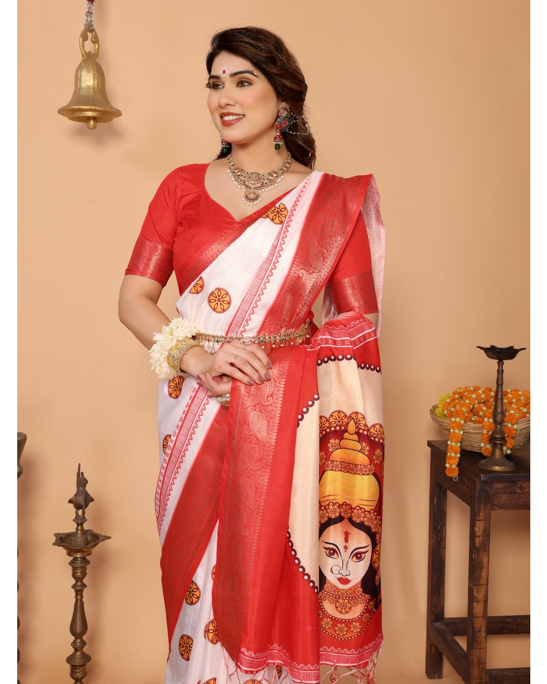 Off-White & Red Pure Tussar Silk Saree with Durga Crown Face Print, Traditional Motifs & Zari Border | Festive Tassels on Pallu(Pack of 1)