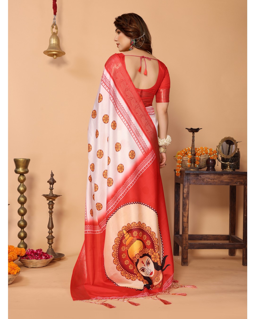 Off-White & Red Pure Tussar Silk Saree with Durga Crown Face Print, Traditional Motifs & Zari Border | Festive Tassels on Pallu(Pack of 1)