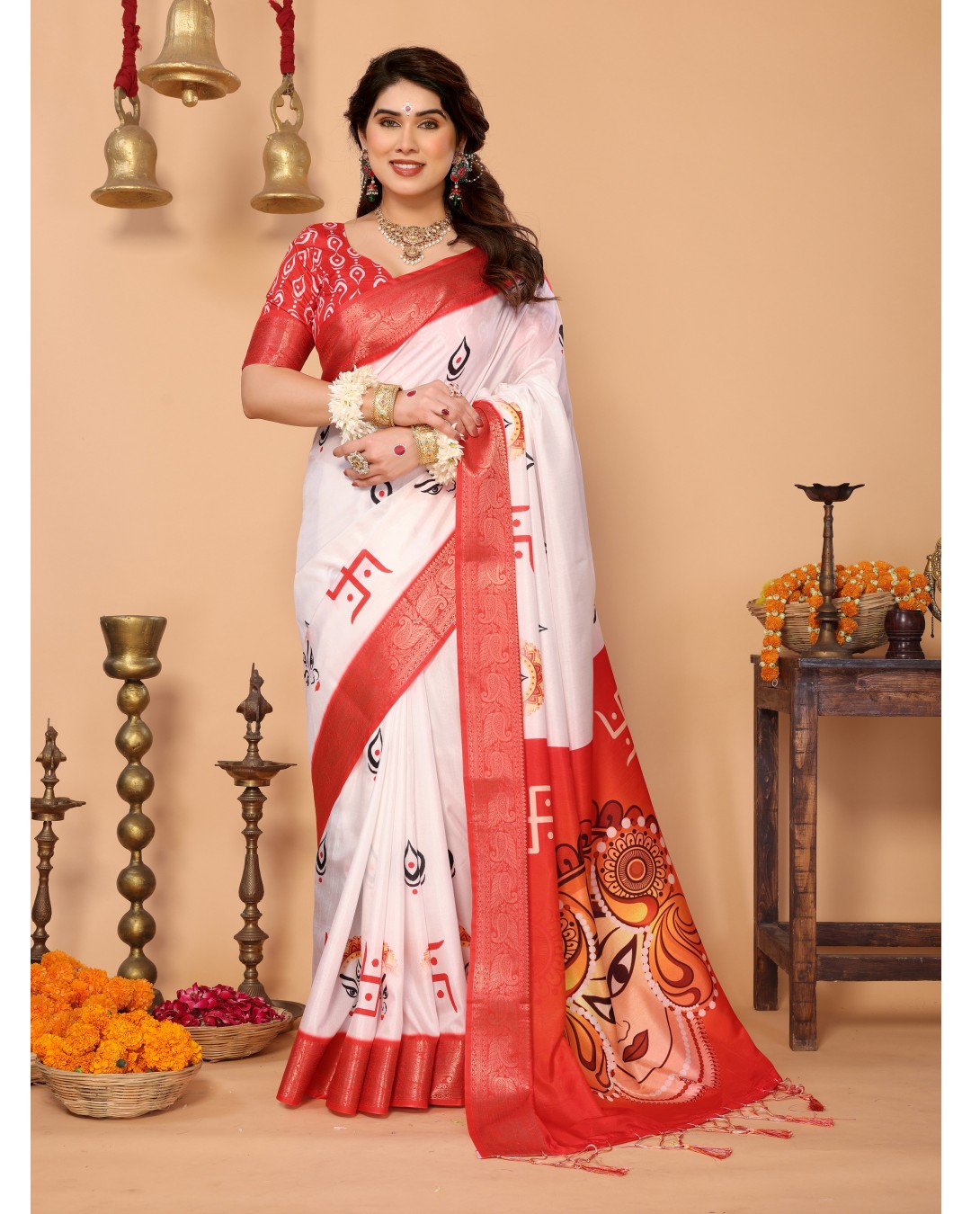 Off-White & Vermilion Red Pure Tussar Silk Saree with Durga Eyes & Devi Face Pallu | Zari Border & Festive Tassels(Pack of 1)