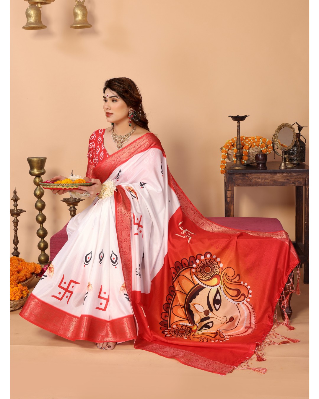 Off-White & Vermilion Red Pure Tussar Silk Saree with Durga Eyes & Devi Face Pallu | Zari Border & Festive Tassels(Pack of 1)
