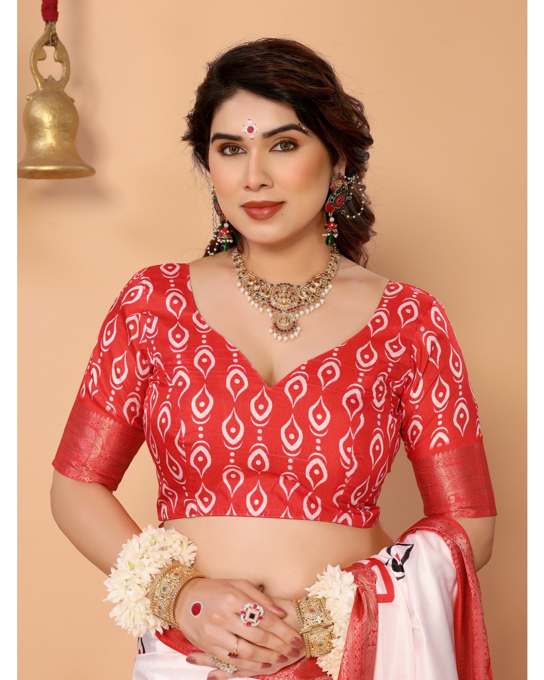 Off-White & Vermilion Red Pure Tussar Silk Saree with Durga Eyes & Devi Face Pallu | Zari Border & Festive Tassels(Pack of 1)