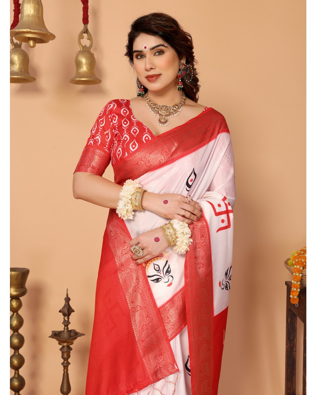 Off-White & Vermilion Red Pure Tussar Silk Saree with Durga Eyes & Devi Face Pallu | Zari Border & Festive Tassels(Pack of 1)
