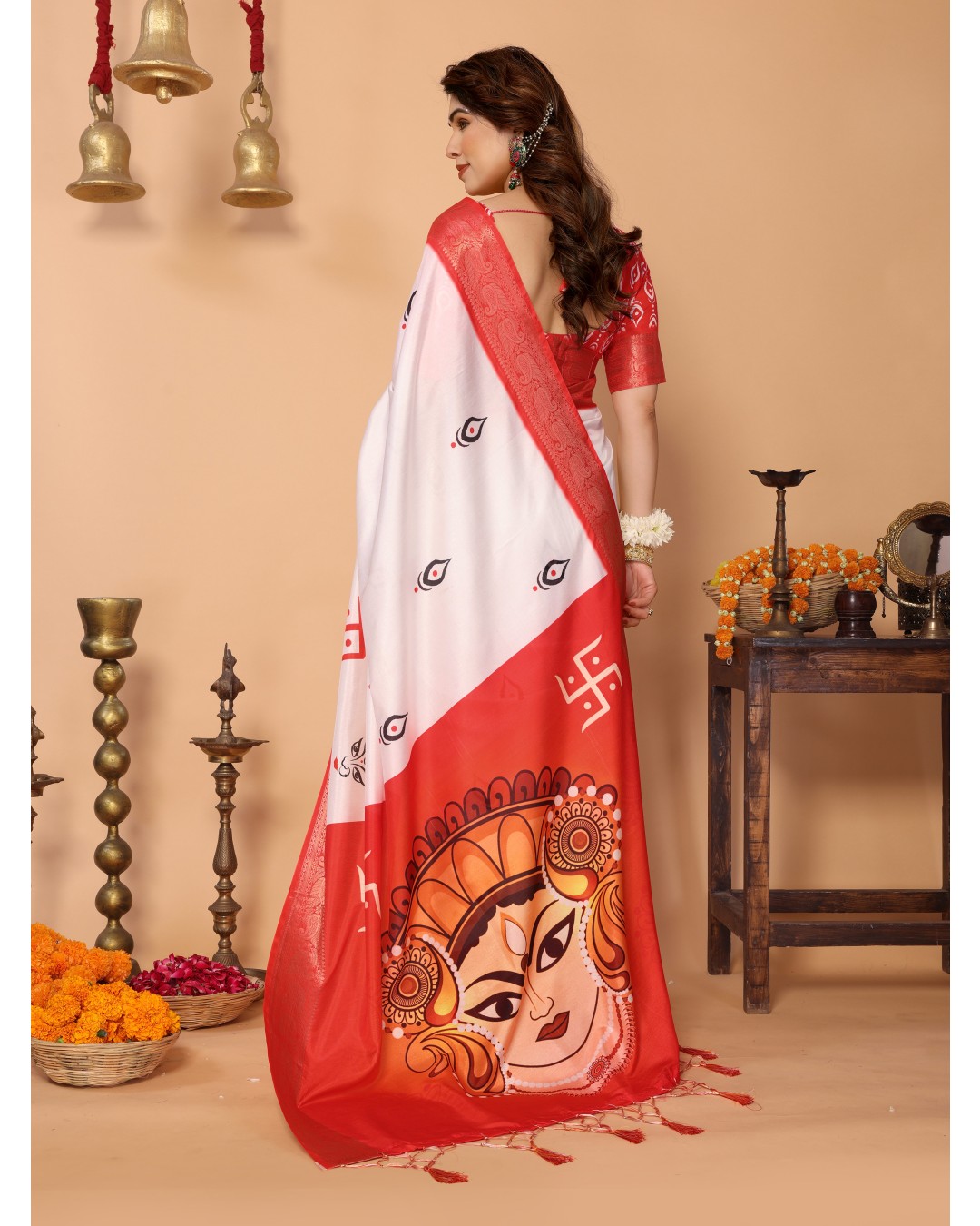 Off-White & Vermilion Red Pure Tussar Silk Saree with Durga Eyes & Devi Face Pallu | Zari Border & Festive Tassels(Pack of 1)