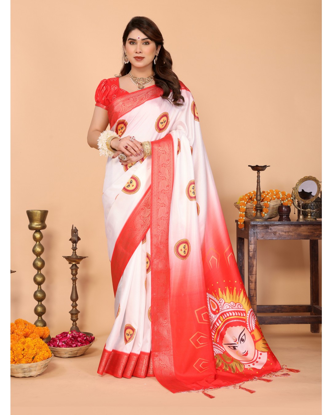 Off-White & Red Pure Tussar Silk Saree with Durga Face Print & Zari Woven Border | Festive Pallu & Tassel Detailing(Pack of 1)