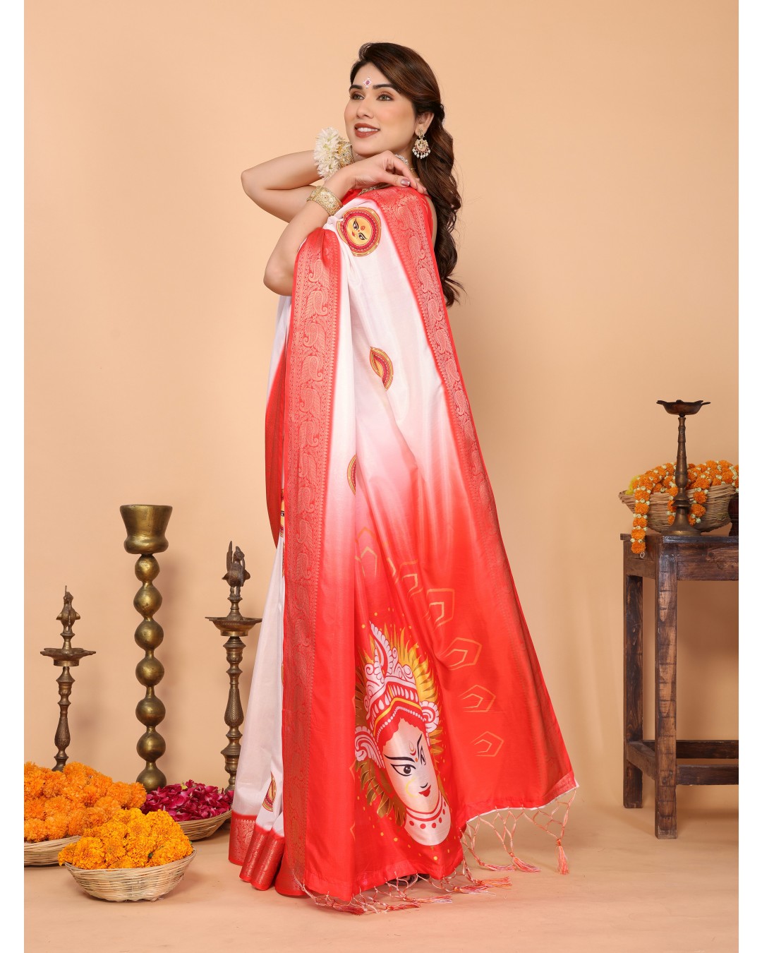 Off-White & Red Pure Tussar Silk Saree with Durga Face Print & Zari Woven Border | Festive Pallu & Tassel Detailing(Pack of 1)