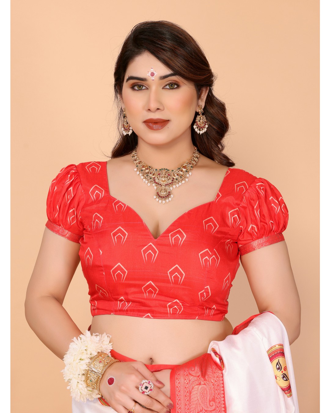 Off-White & Red Pure Tussar Silk Saree with Durga Face Print & Zari Woven Border | Festive Pallu & Tassel Detailing(Pack of 1)