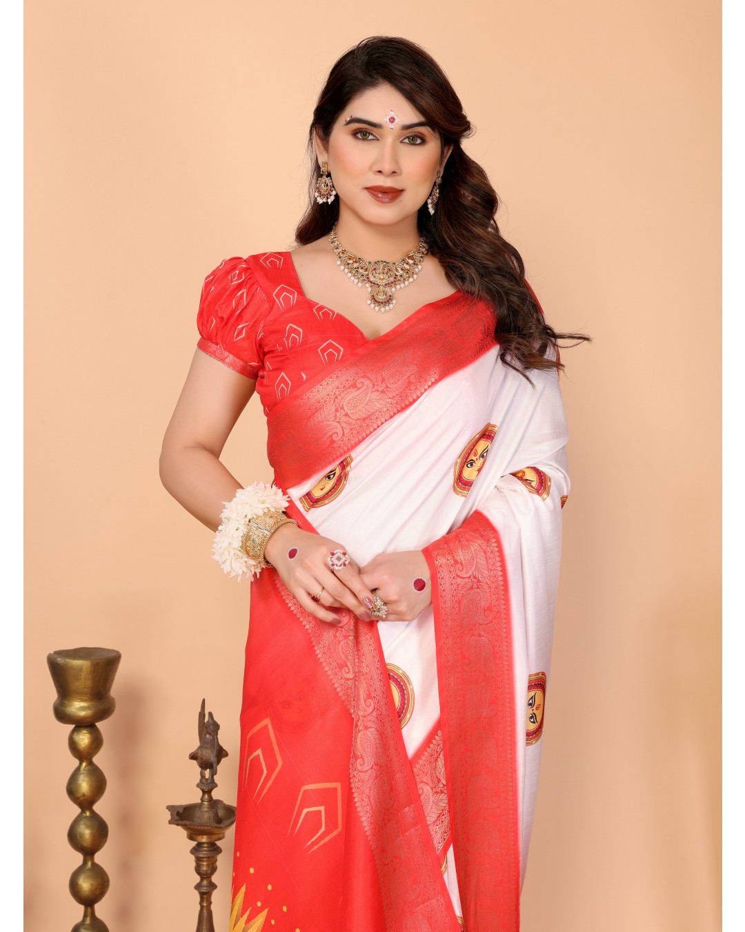 Off-White & Red Pure Tussar Silk Saree with Durga Face Print & Zari Woven Border | Festive Pallu & Tassel Detailing(Pack of 1)
