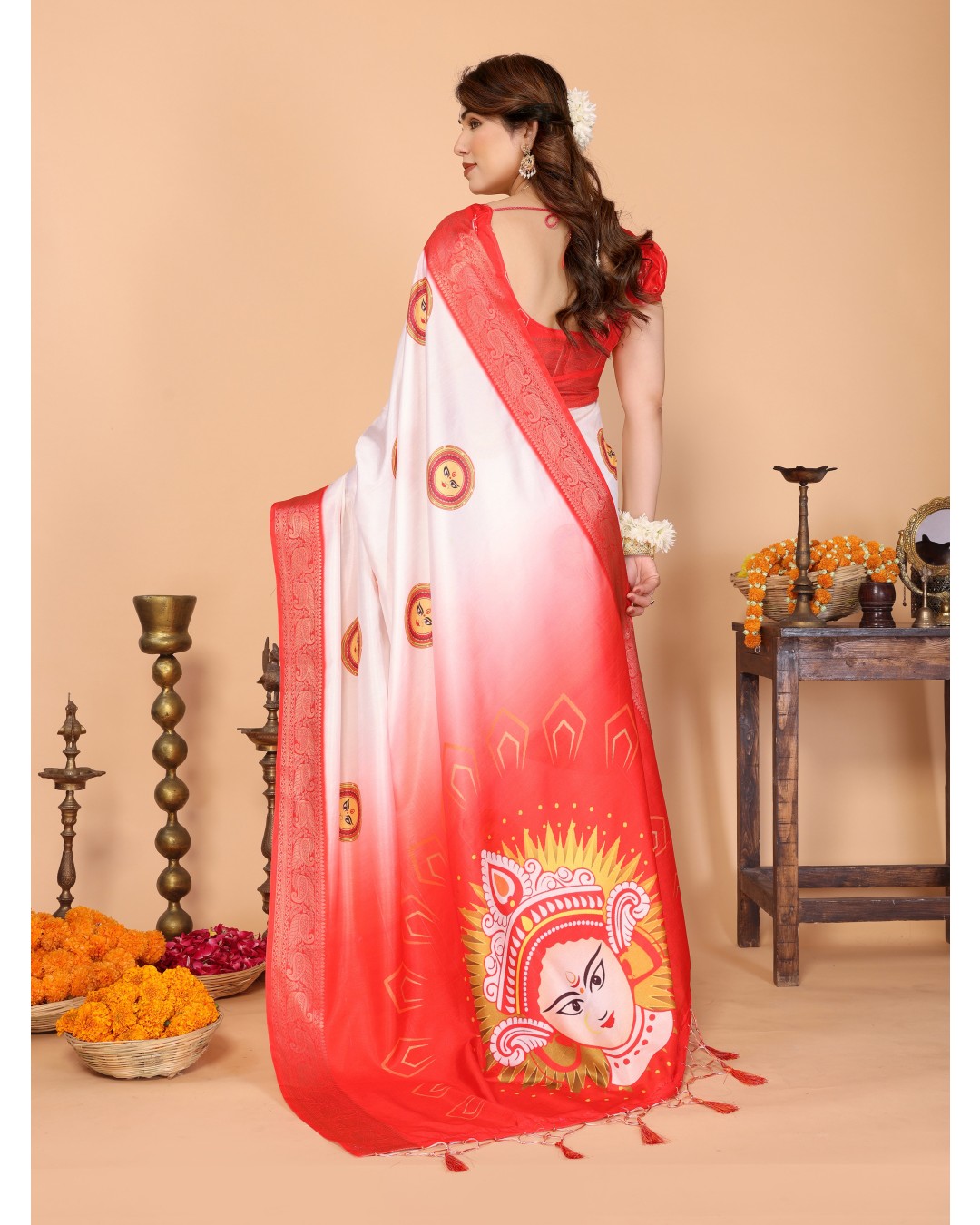 Off-White & Red Pure Tussar Silk Saree with Durga Face Print & Zari Woven Border | Festive Pallu & Tassel Detailing(Pack of 1)