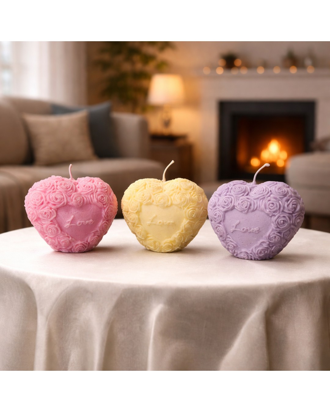 Floral Heart Love Scented Candle Set – Pastel Romantic Decorative Heart Candles for Home Decor & Gifting (Pack of 3)