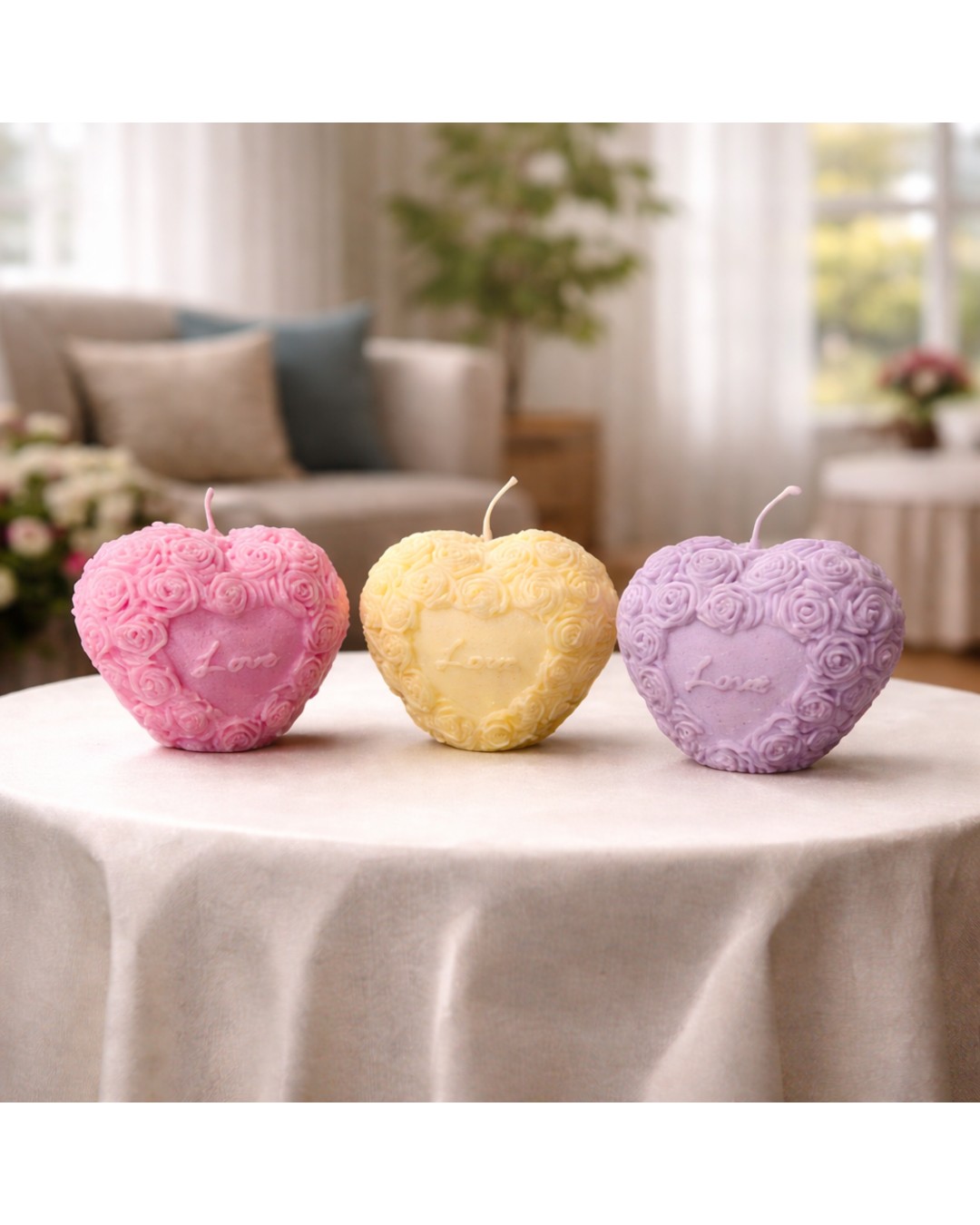 Floral Heart Love Scented Candle Set – Pastel Romantic Decorative Heart Candles for Home Decor & Gifting (Pack of 3)
