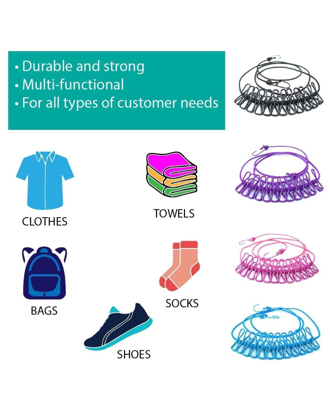 Portable Laundry Drying Hanger Rope Clips, Space Saving, Windproof & Travel Friendly Hanger (12 Clips )