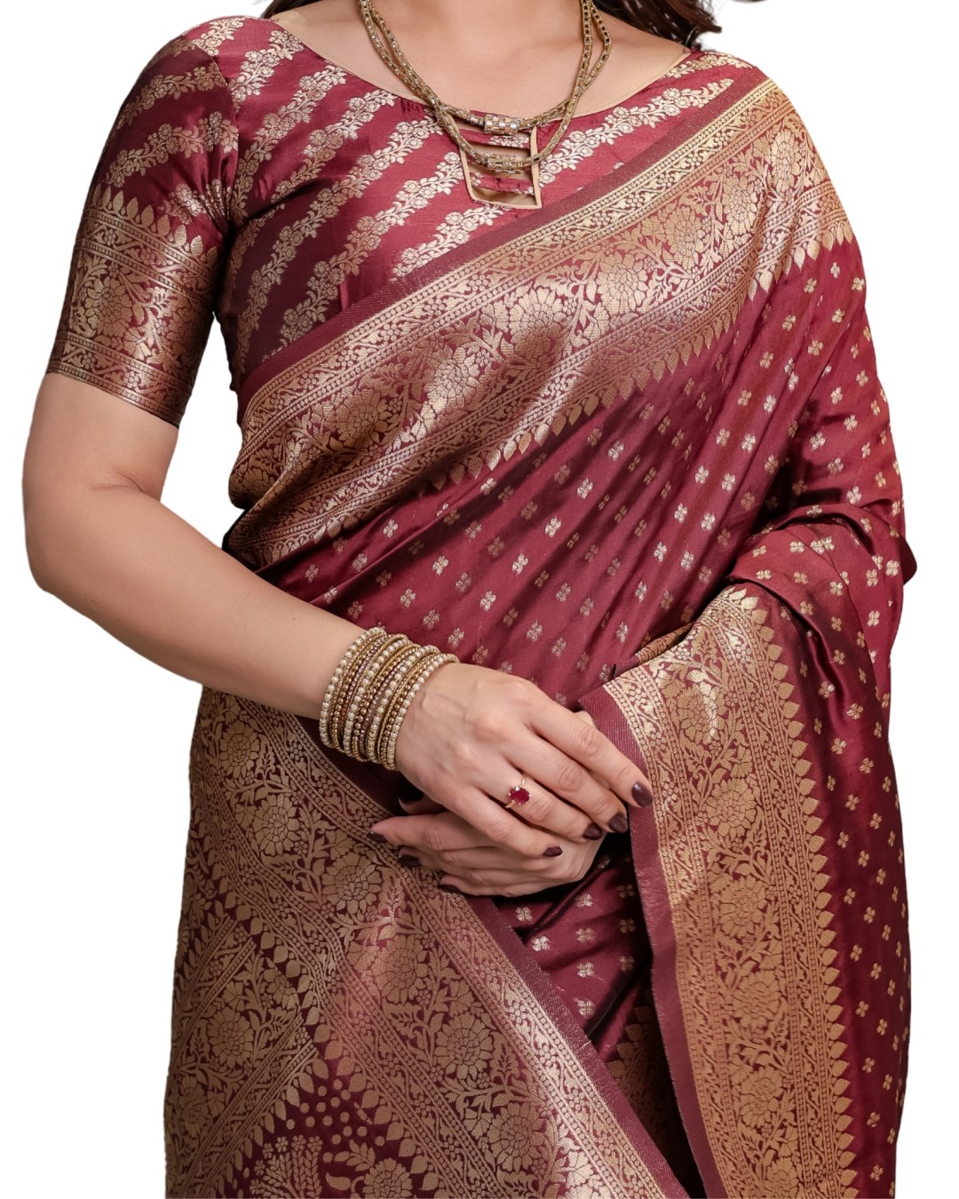 Pure Kanjivaram Silk Saree with Rich Golden Zari Weaving & Traditional Floral Pallu | 5.5m Saree + 0.8m Blouse (Pack of 1)