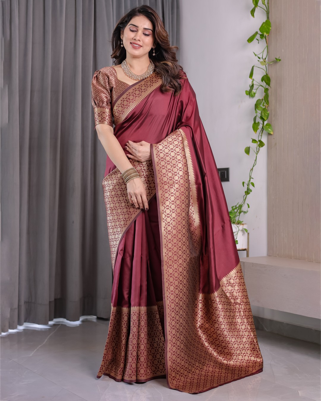 Pure Kanjivaram Silk Saree with All-Over Golden Jacquard Weaving & Designer Blouse | 5.5m Saree + 0.8m Blouse Piece(Pack of 1)