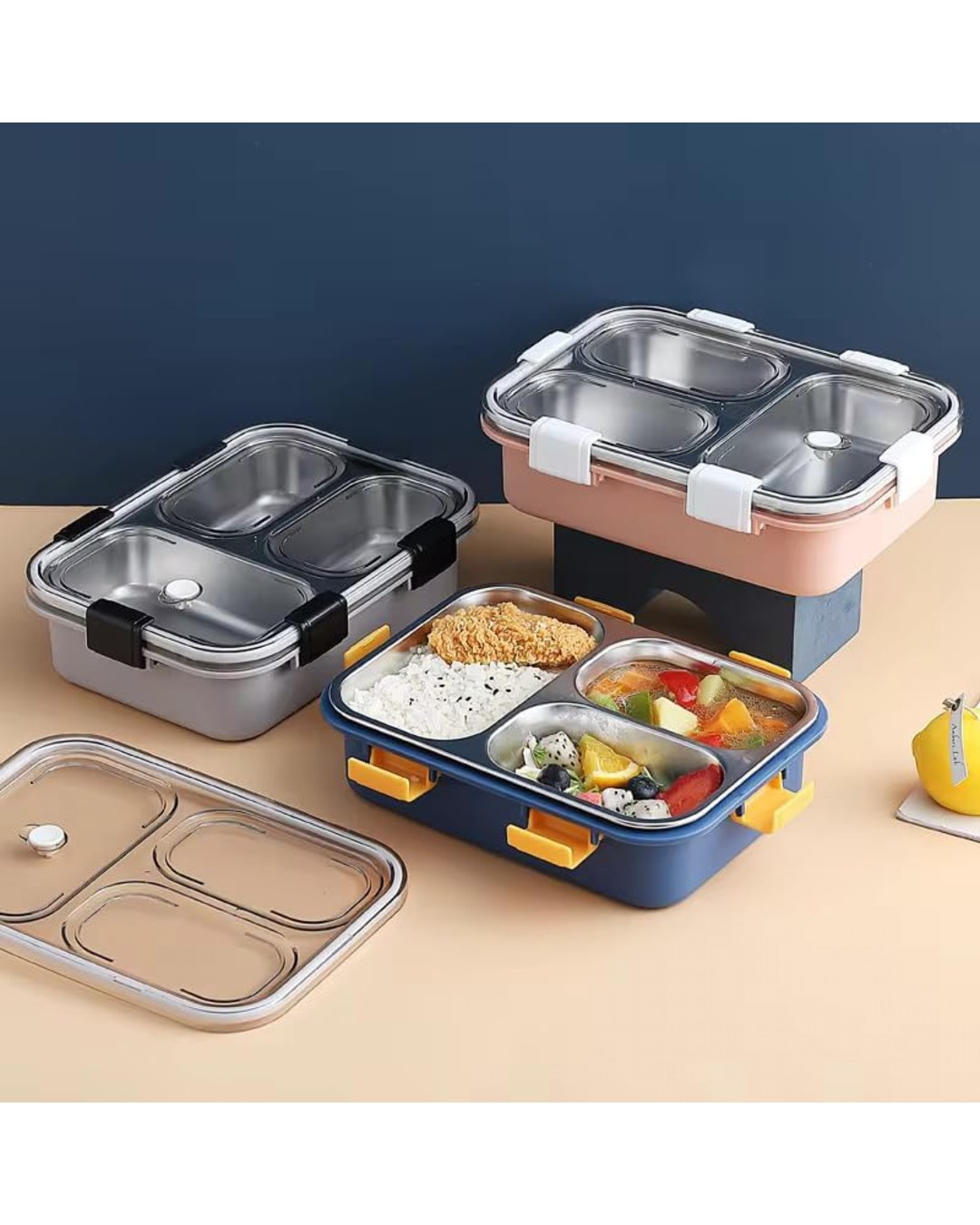 3 Compartment Stainless Steel Lunch Box, Leakage Proof Lunch Box for School Kids and Adults (Pack of 1 ,750ML)