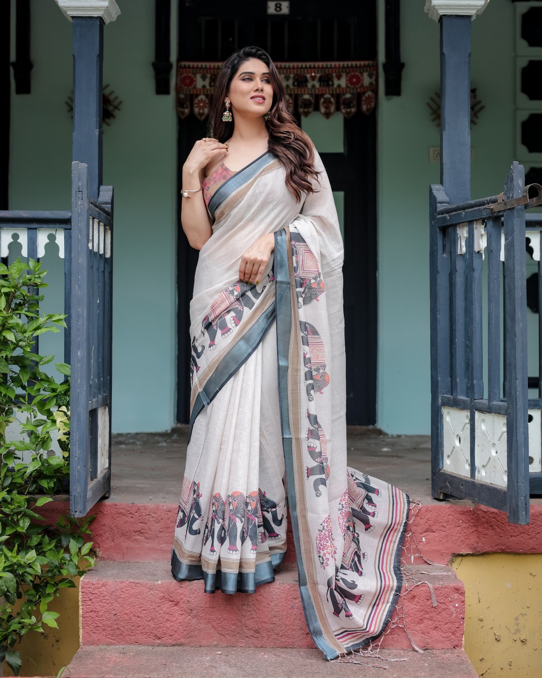 Pure Cotton Linen Saree with Floral Print, Blouse, and Tassel Detailing(Pack of 1)