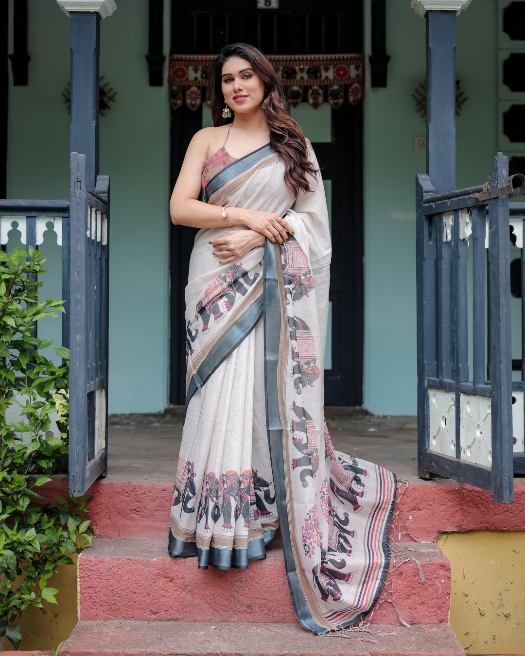 Pure Cotton Linen Saree with Floral Print, Blouse, and Tassel Detailing(Pack of 1)