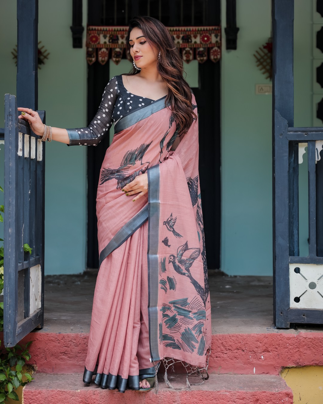 Pure Cotton Linen Saree with Floral Print, Blouse, and Tassel Detailing(Pack of 1)