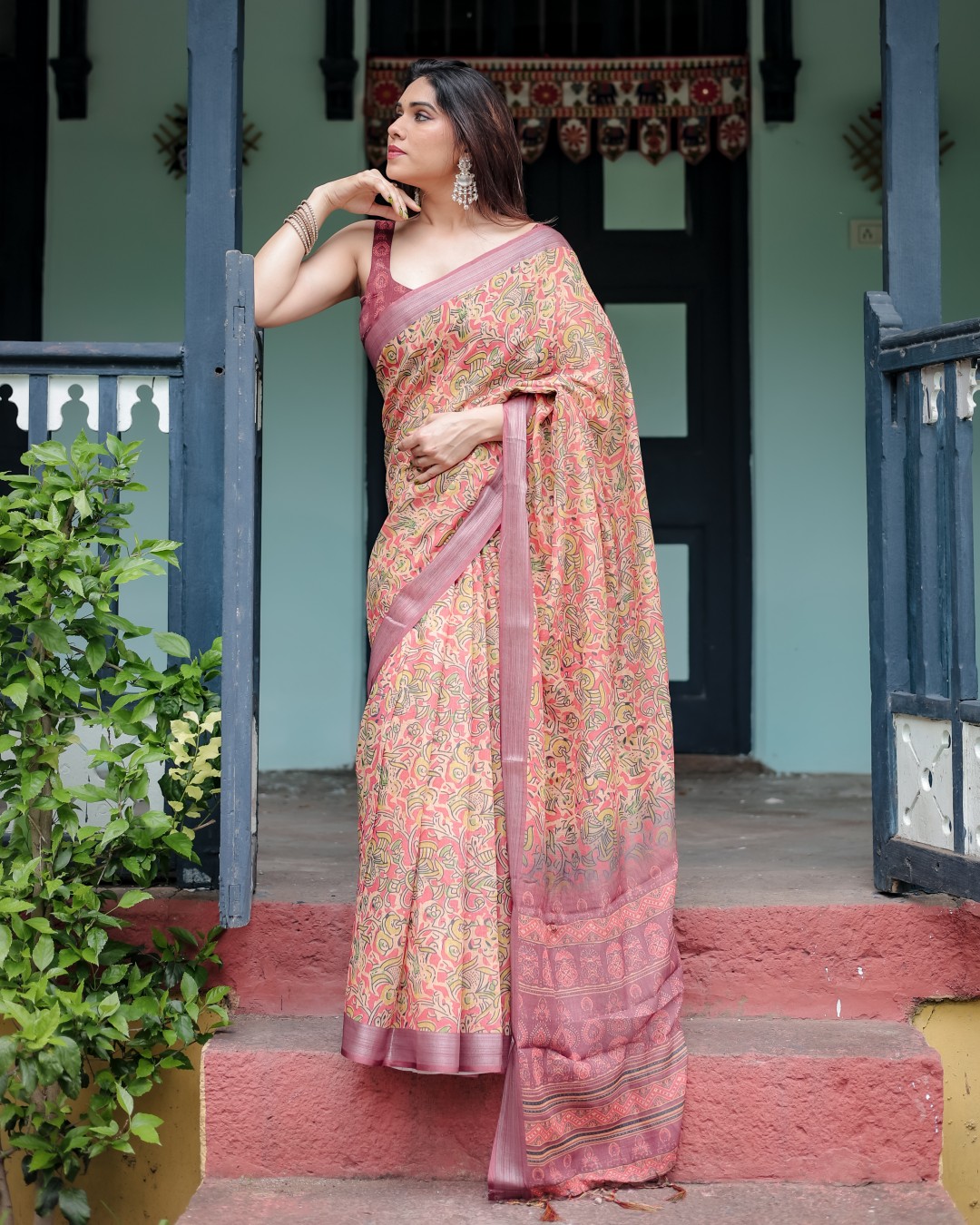 Pure Cotton Linen Saree with Floral Print, Blouse, and Tassel Detailing(Pack of 1)