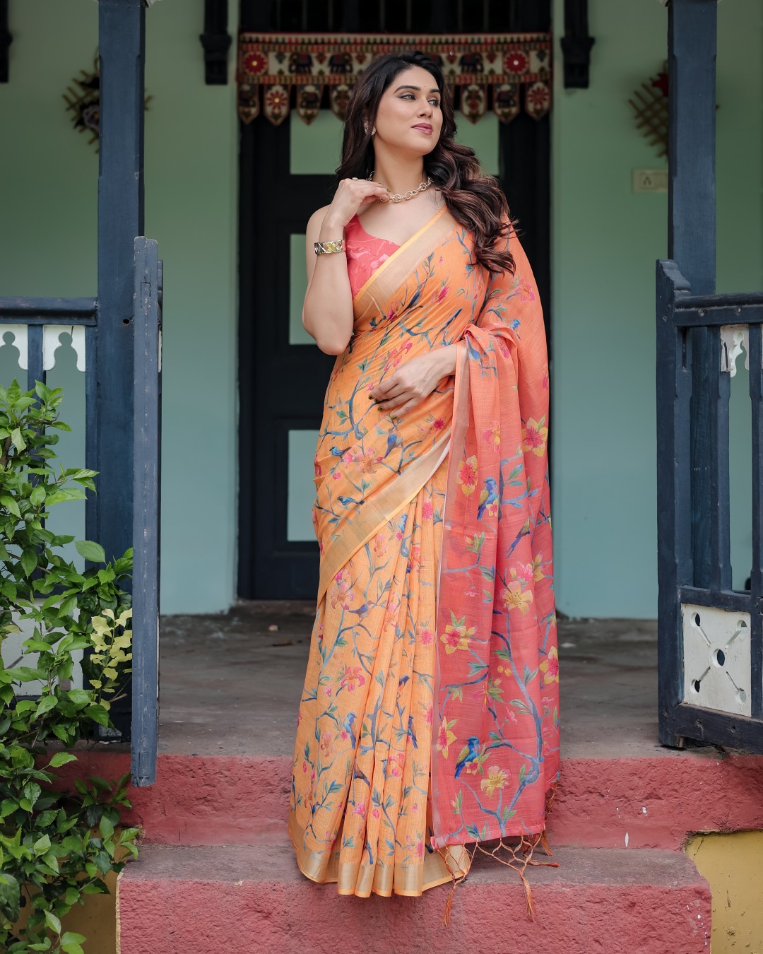 Pure Cotton Linen Saree with Floral Print, Blouse, and Tassel Detailing(Pack of 1)