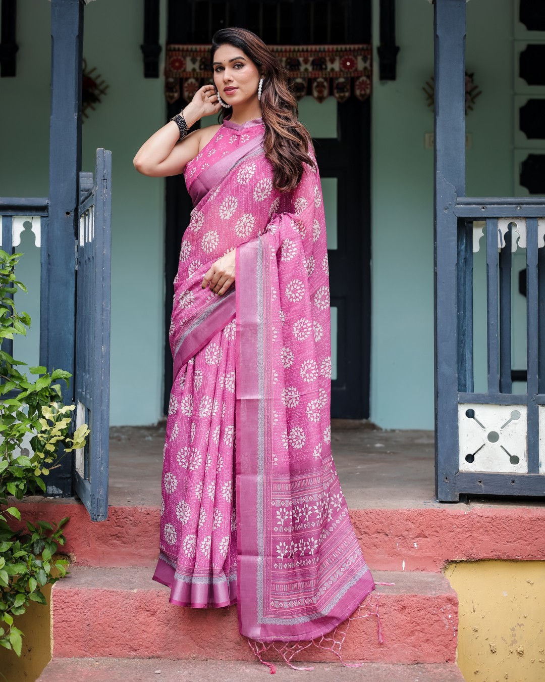 Pure Cotton Linen Saree with Pink and White Ikat Design, Blouse, and Tassel Detailing (Pack of 1)